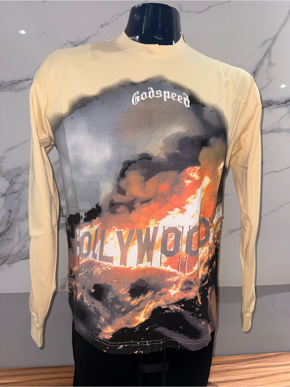 Godspeed Men’s Long-Sleeve Graphic Shirt in Cream with Hollywood Print
